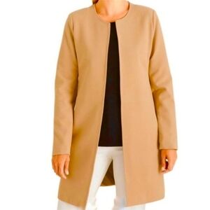 Chicos Camel Jacket Chore Coat Size 12 Open Front Long Tan Lagenlook Minimalist